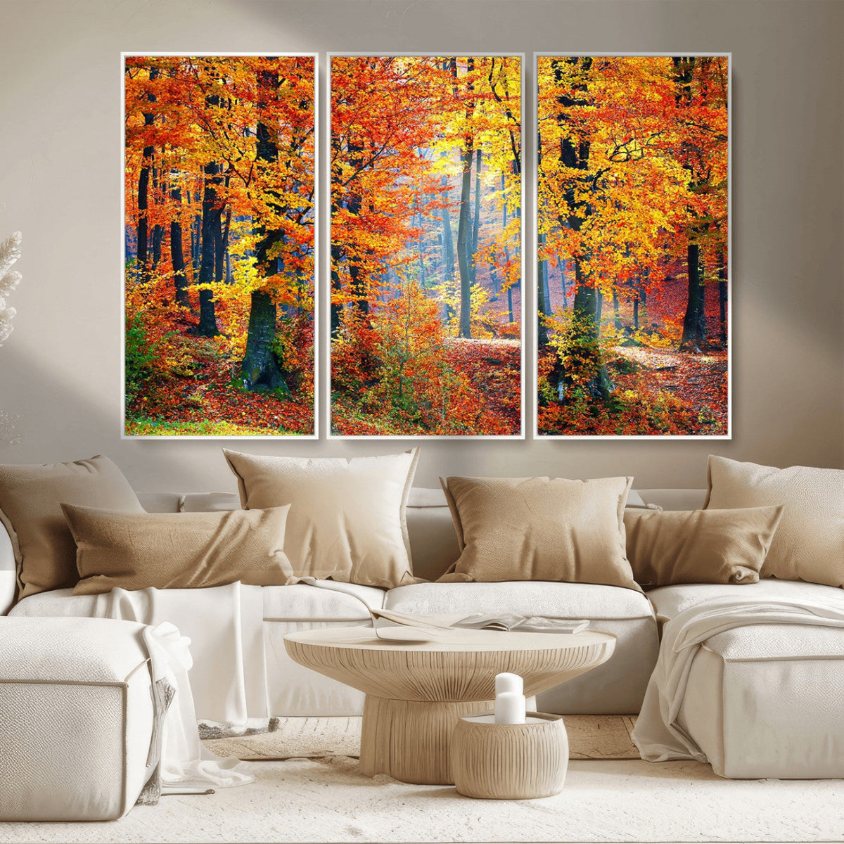 Autumn Red Forest Triptych Canvas Wall Art Print, Forest