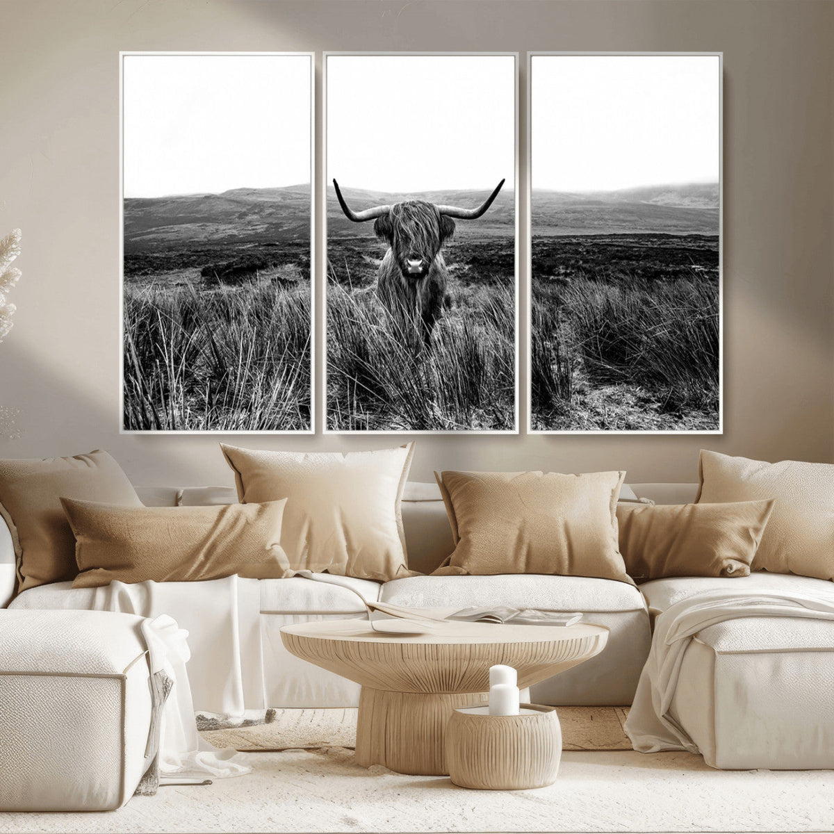 Black and White Highland Cow Canvas Wall Art, Longhorn