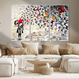 Banksy Art Butterfly Girl Explosion Canvas Art – Vibrant