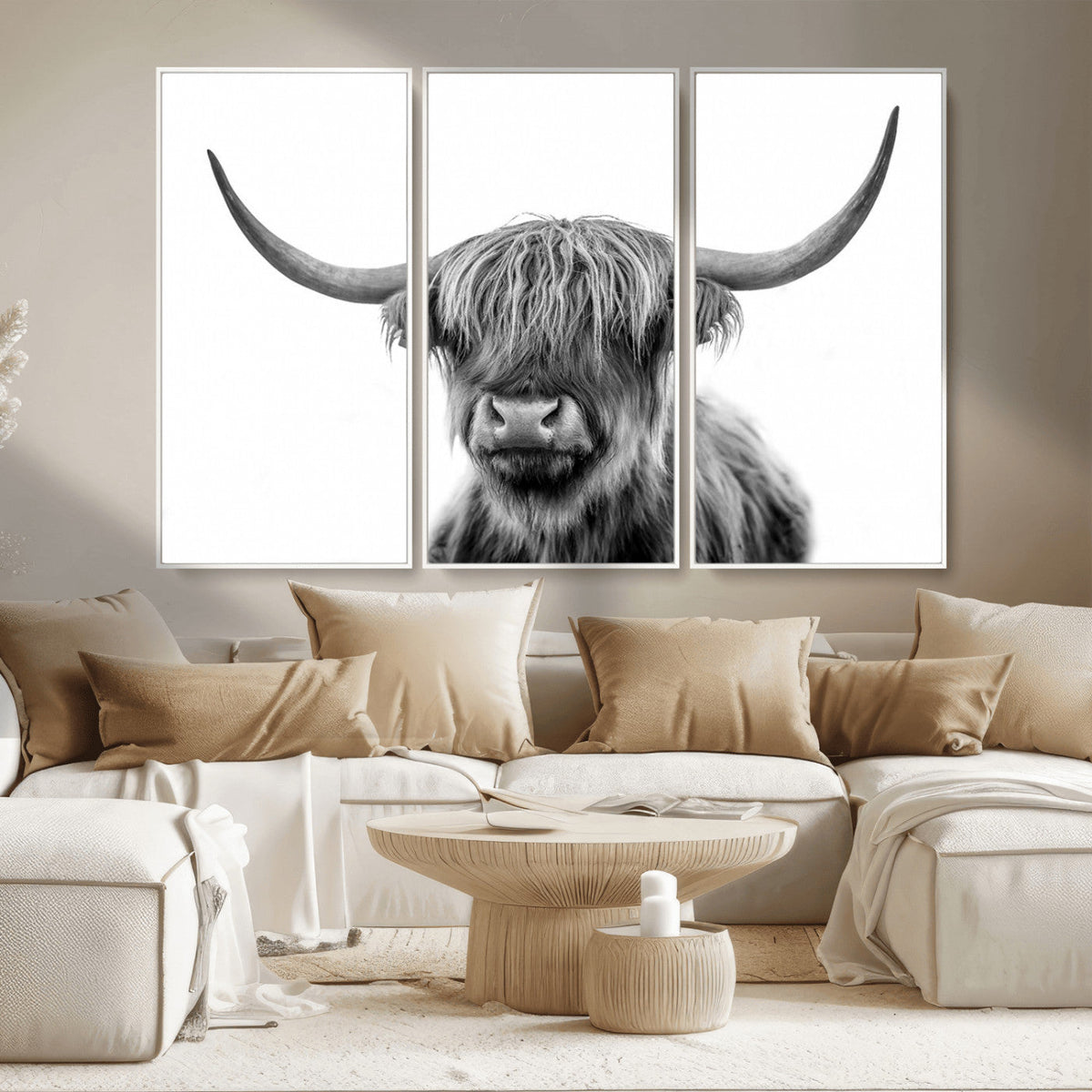 Grayscale Scottish Highland Cow Cattle Art Print Farmhouse