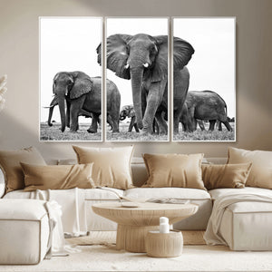 Black White Elephant Family Wall Art Canvas Print