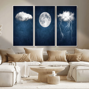 Dark Blue Cloud Art, 3 Piece Indigo Blue Wall Art, Aesthetic