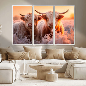 Highland Cows at Sunrise Wall Art Canvas Set – Serene and