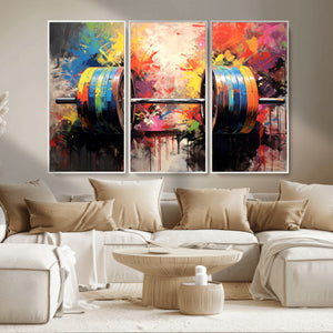 Weightlifting Barbell Art Triptych, Bold Abstract Fitness