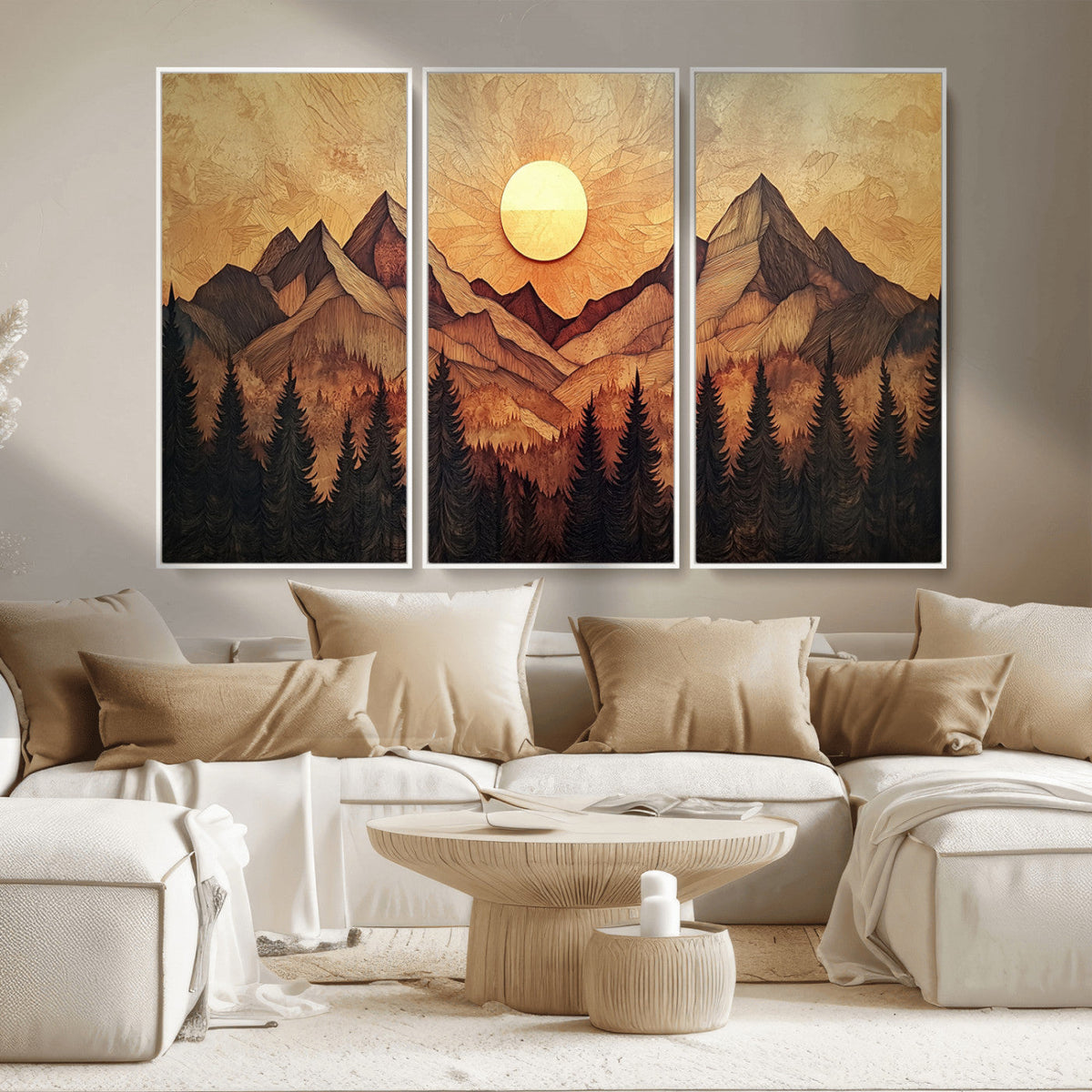 Wood Style Abstract Mountain Sunset Canvas Wall Art Print -