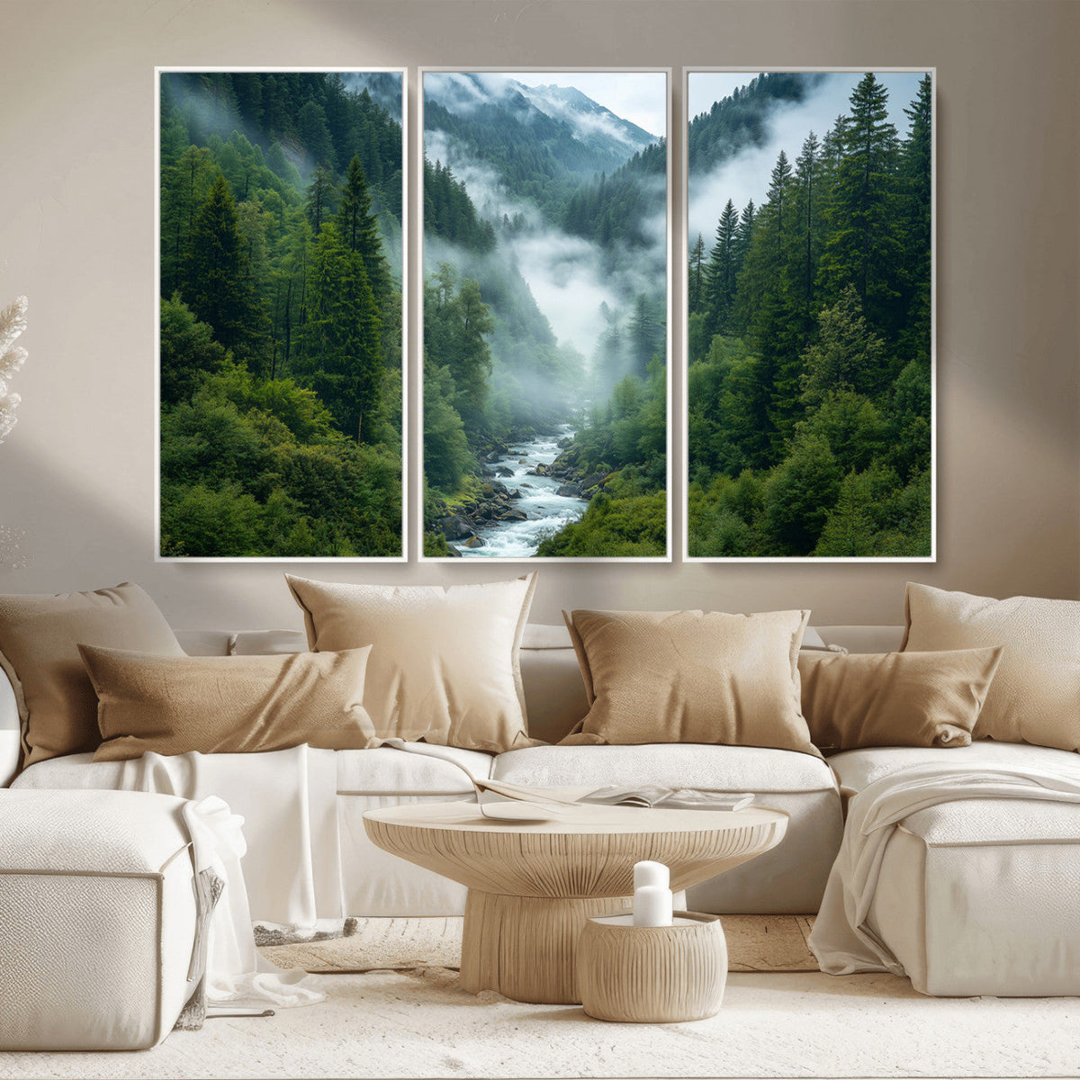 Mountain Forest River Canvas Wall Art Print - Serene Nature
