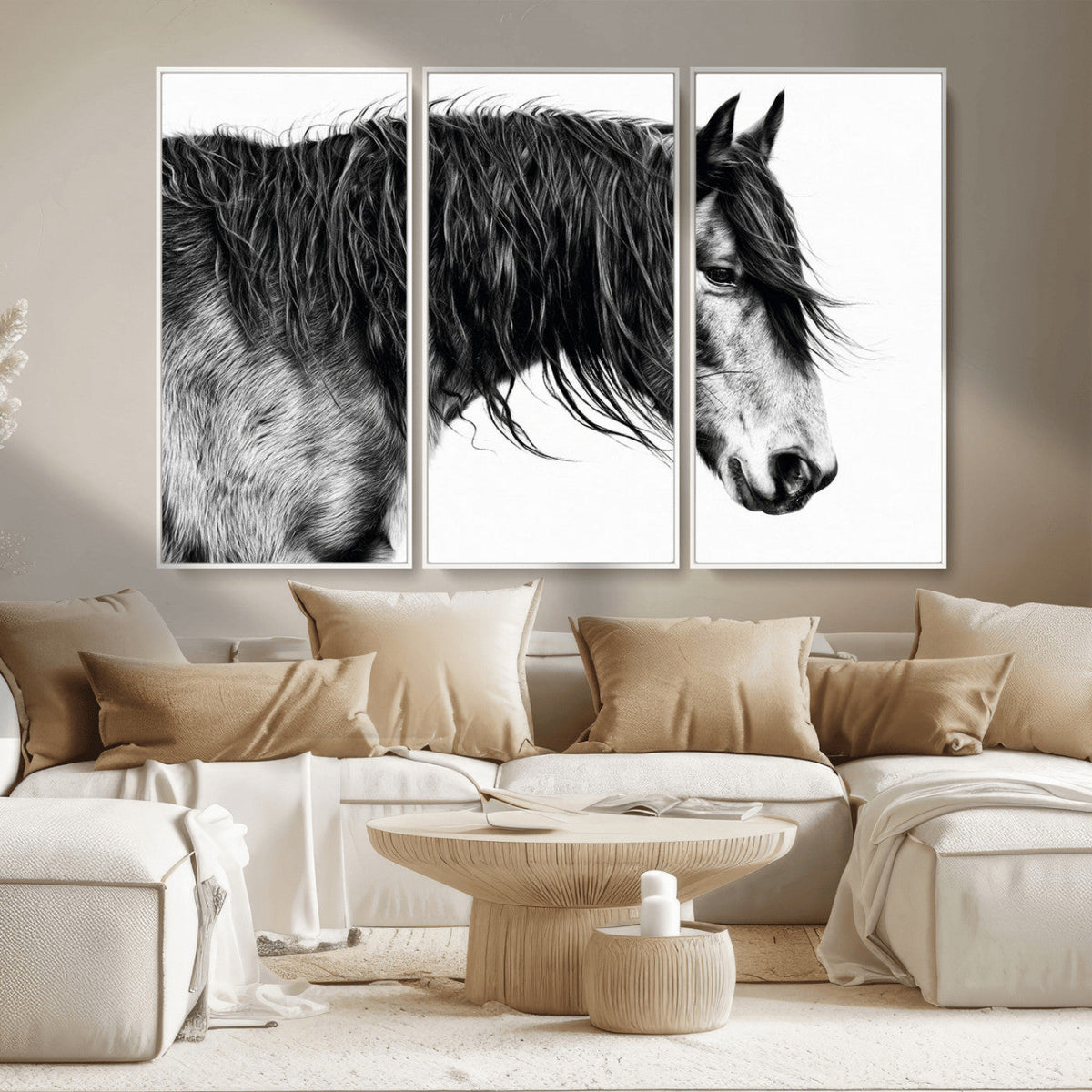 Majestic Horse Wall Art – Framed Black White Portrait Canvas