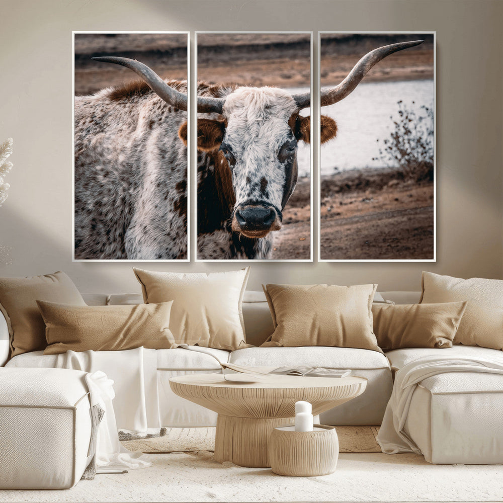 Texas Longhorn Wall Art Canvas Print – Framed Spotted Bull