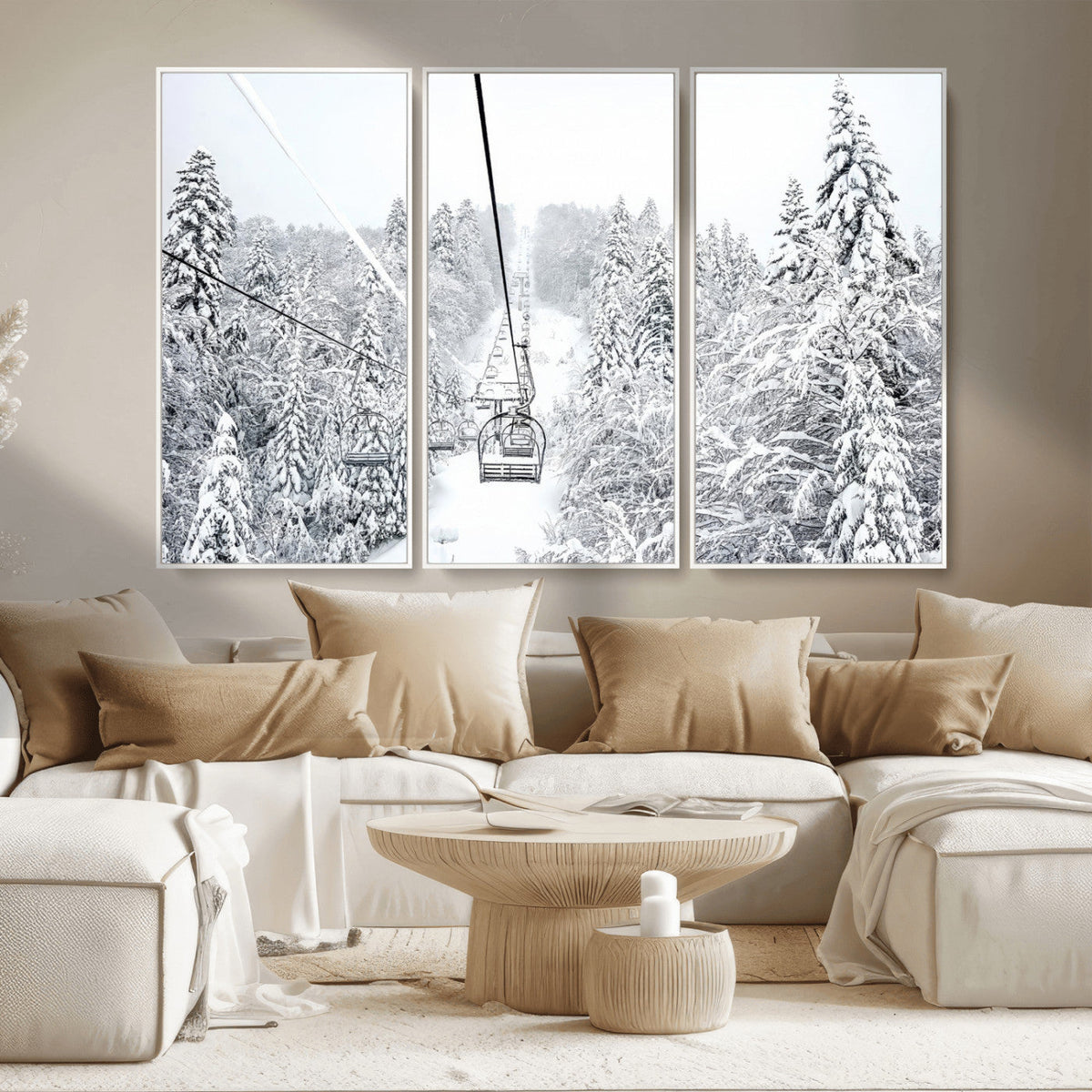 Snowy Ski Lift Wall Art – Framed Winter Mountain Canvas