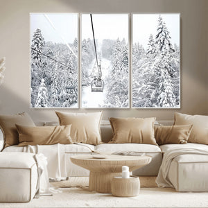 Snowy Ski Lift Wall Art – Framed Winter Mountain Canvas