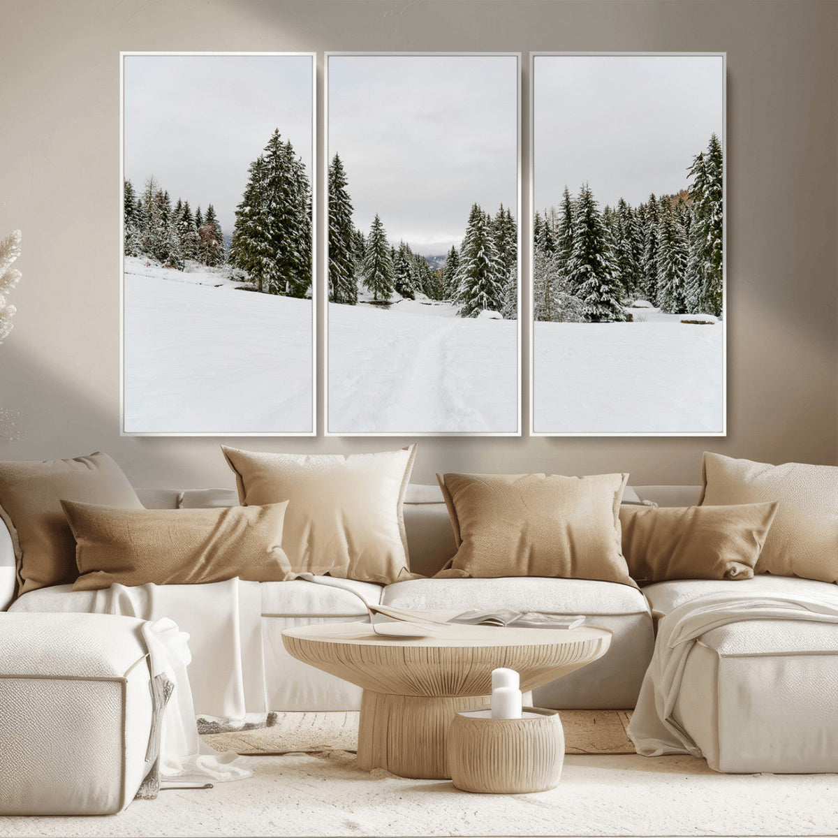 Frosty Pines Wall Art Canvas Print – Framed Silent Snowfall