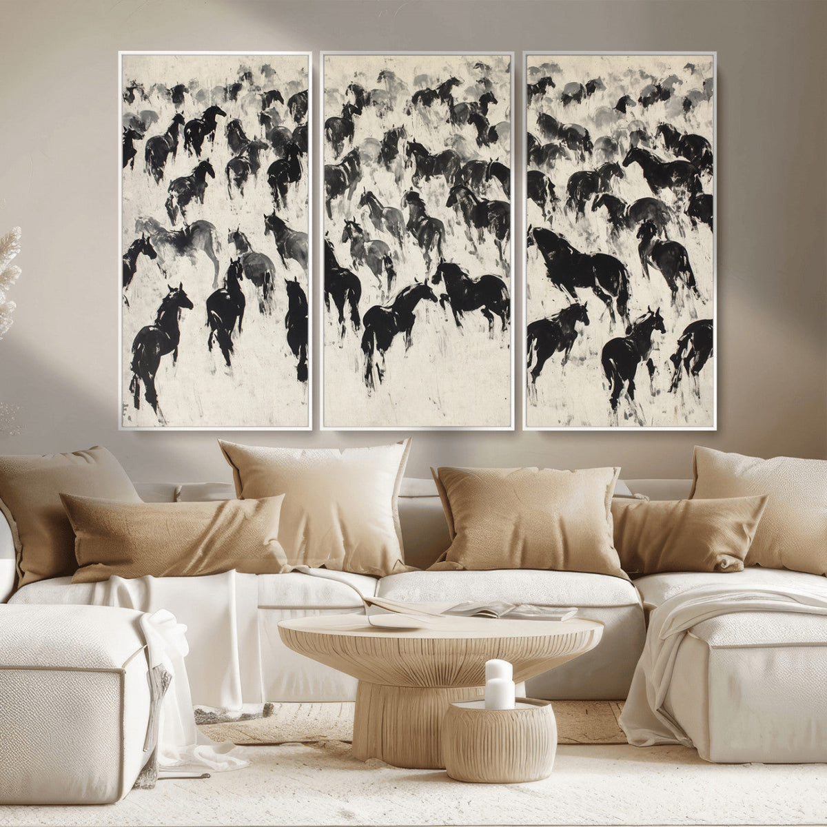 Wild Horse Stampede Wall Art Canvas Print – Monochrome