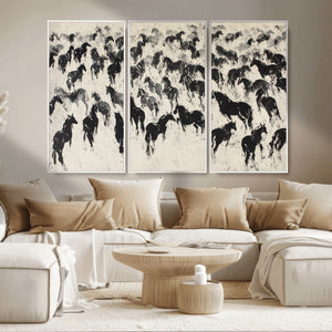 Wild Horse Stampede Wall Art Canvas Print – Monochrome