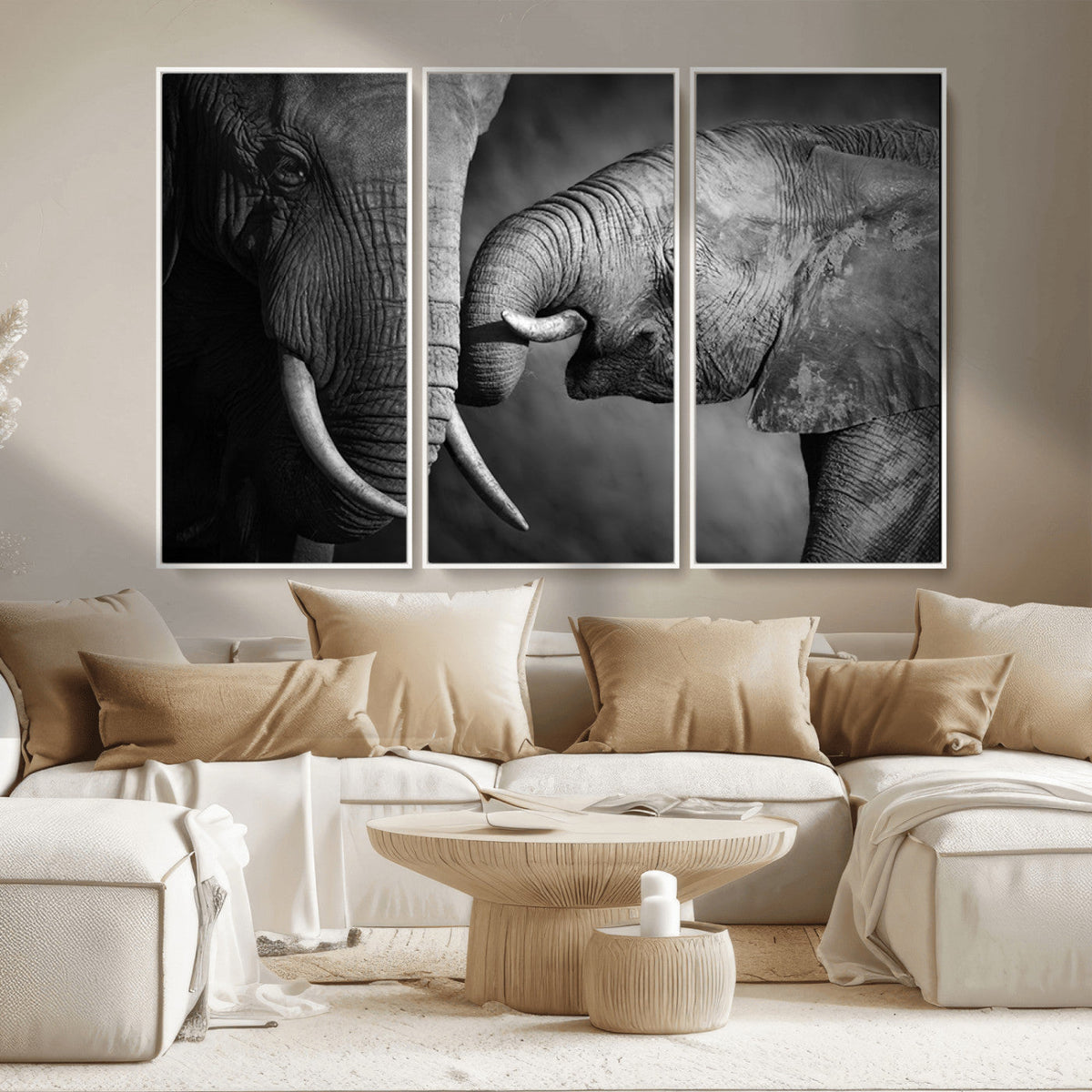 Elephant Family Wall Art Canvas, Framed Elephant Family