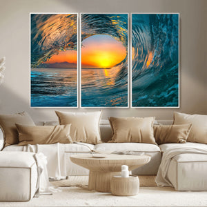 Ocean Wave Sunset Wall Art | Large Coastal Wave Canvas Print