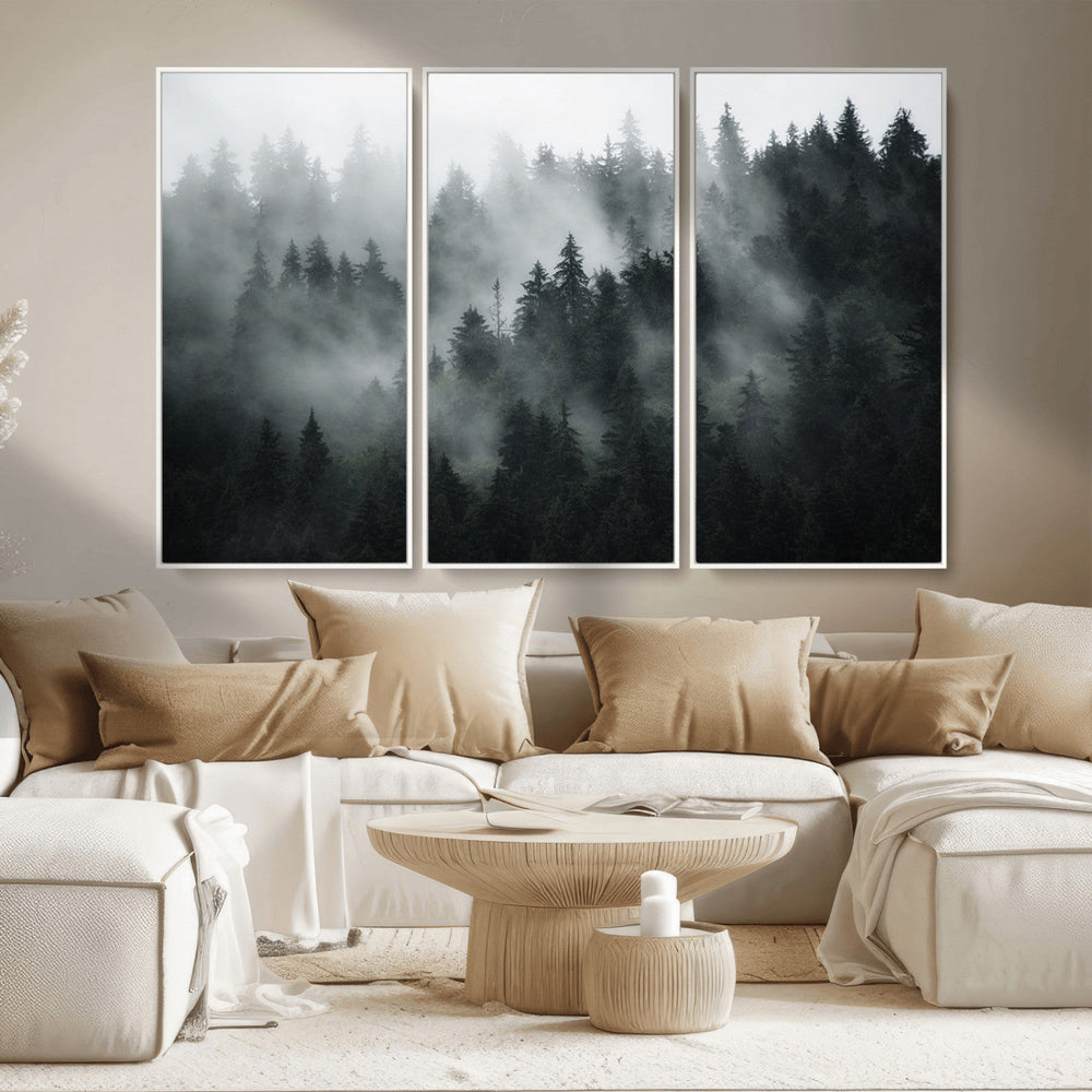 Foggy Forest Wall Art Canvas Print | 3 Panel Large Misty