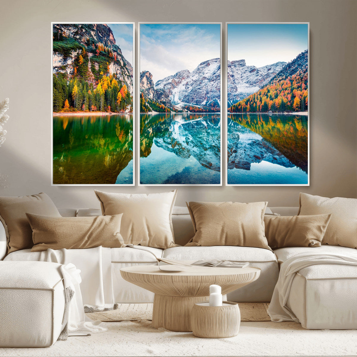 Spectacular autumn view of Braies Lake Wall Art Canvas Print