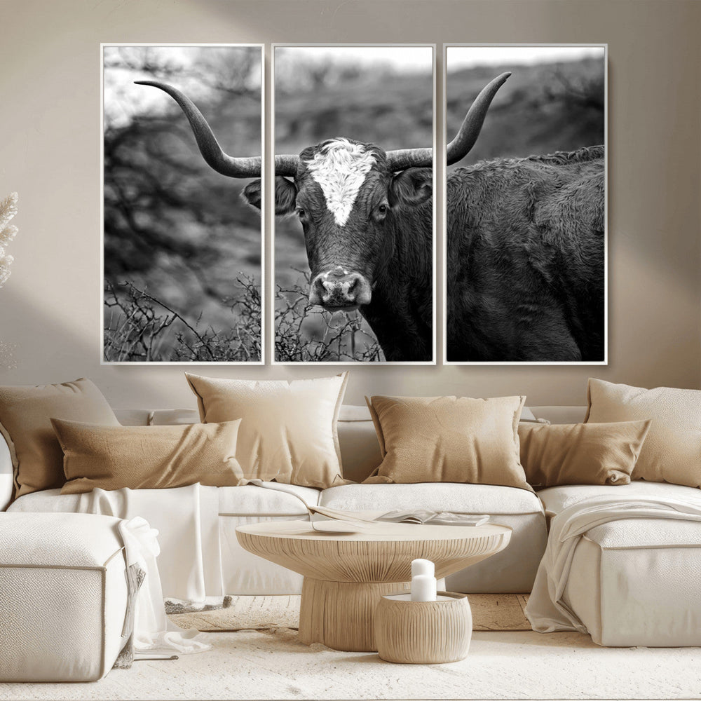 Western Home Wall Art Canvas Print, Framed Texas Longhorn