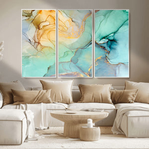 Abstract Aqua and Gold Fluid Wall Art Canvas | 3 Panel Large