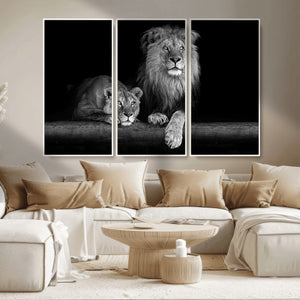 Large Black and White Lion Couple Wall Art Canvas Print –