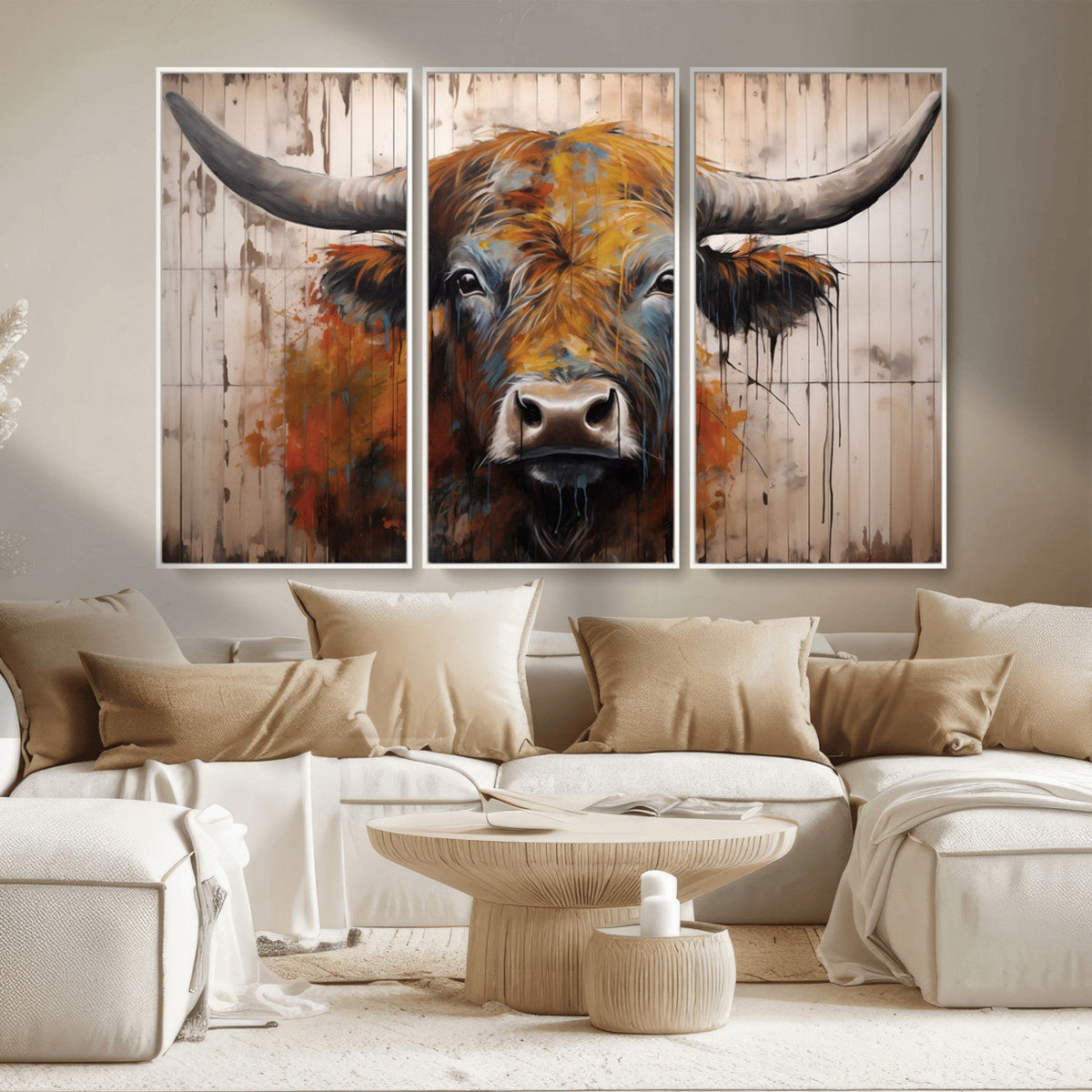 Abstract Bull Highland Cow Canvas Wall Art Print – Vibrant