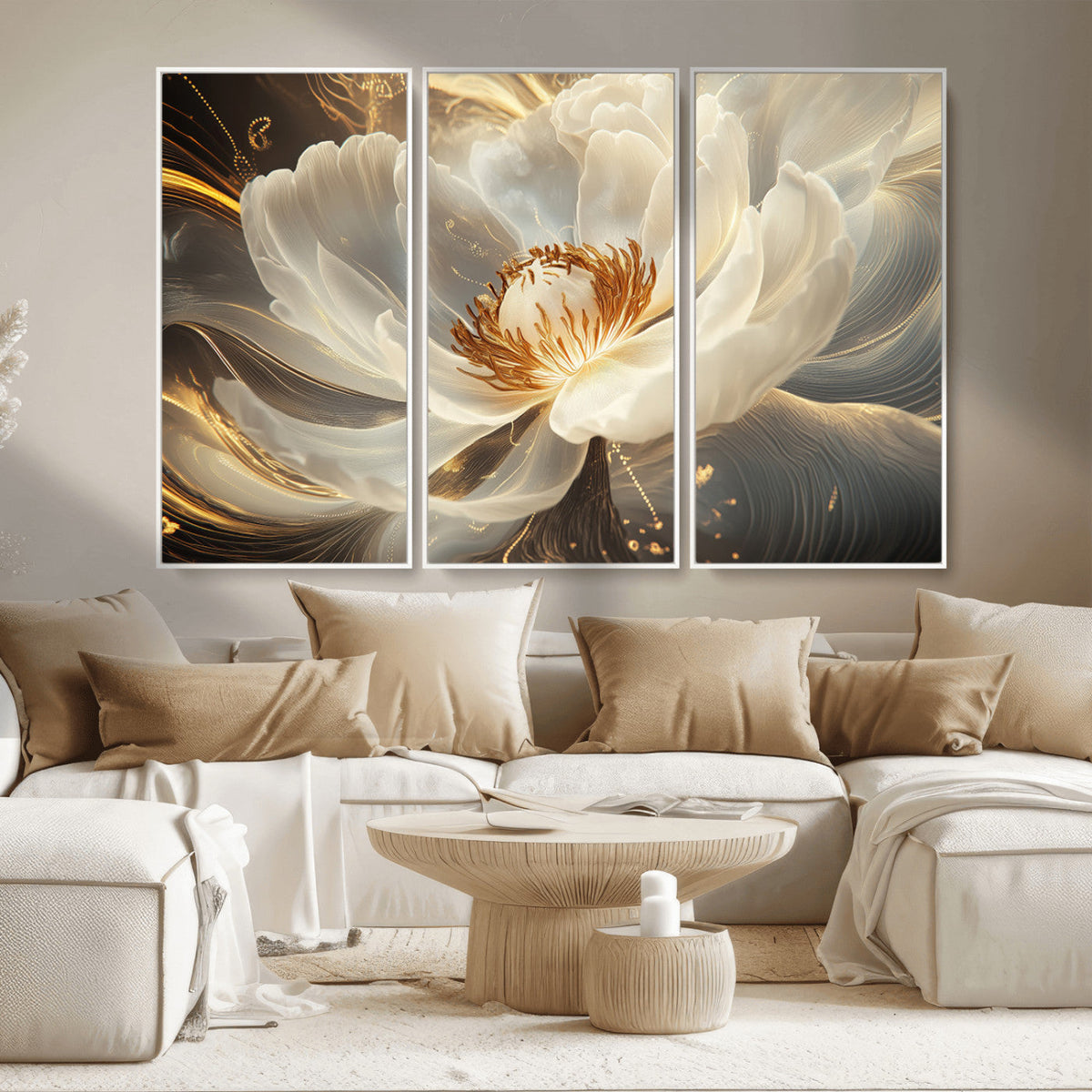Gold Floral Wall Art Canvas Print, Framed Modern Flower Art