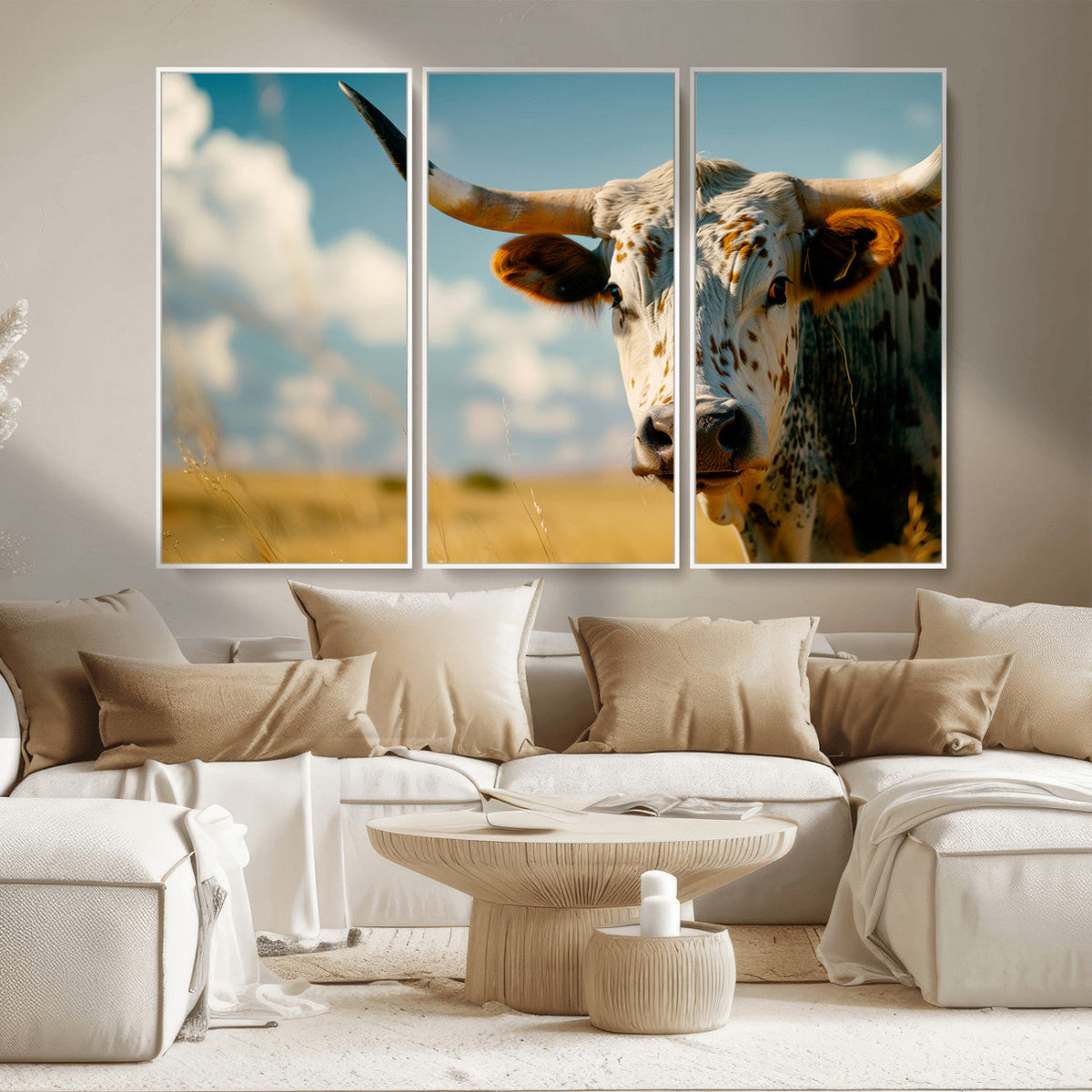 Longhorn in the Prairie - Stunning Ranch-Style Triptych Wall