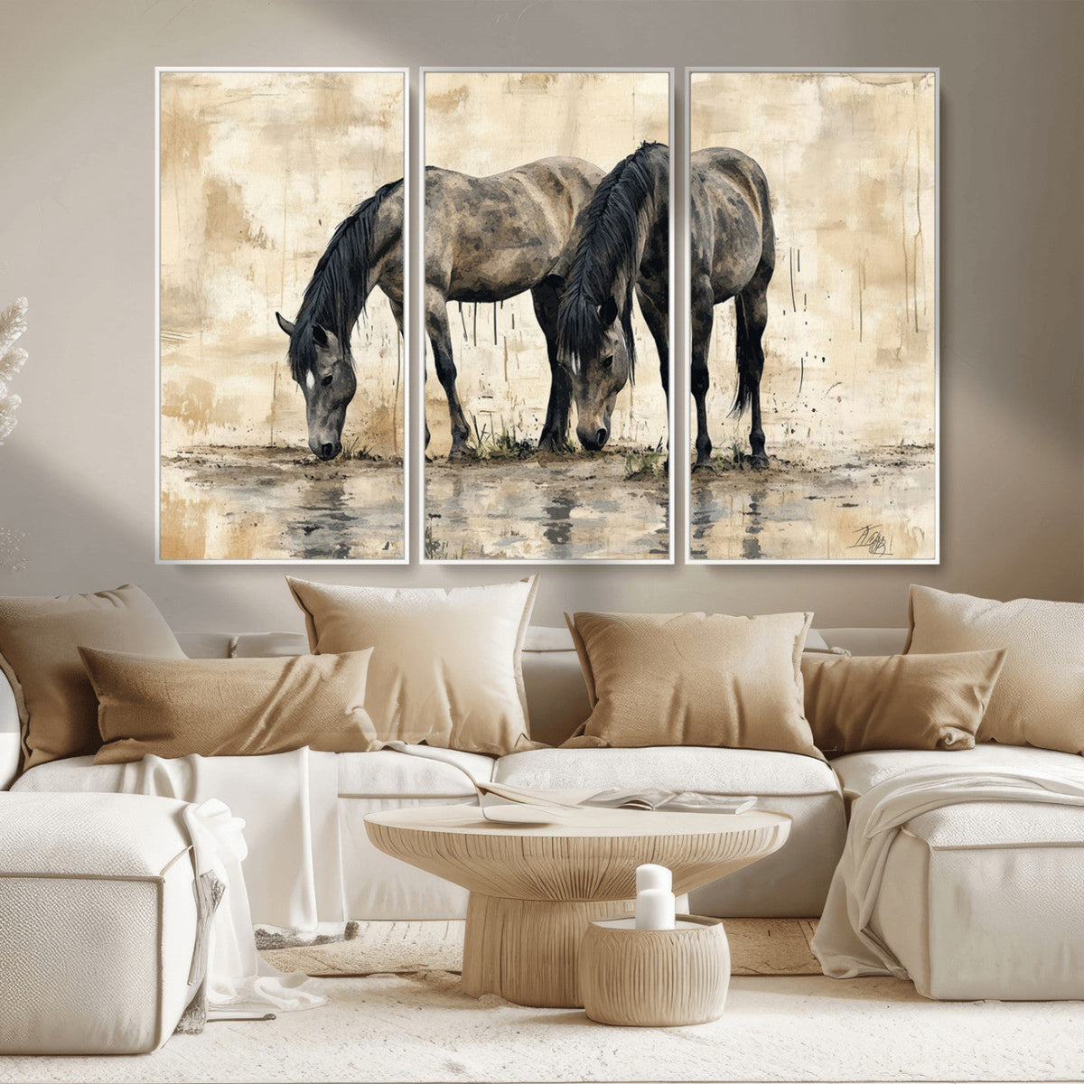 Chinese Style Abstract Black Horses Wall Art Canvas Print -