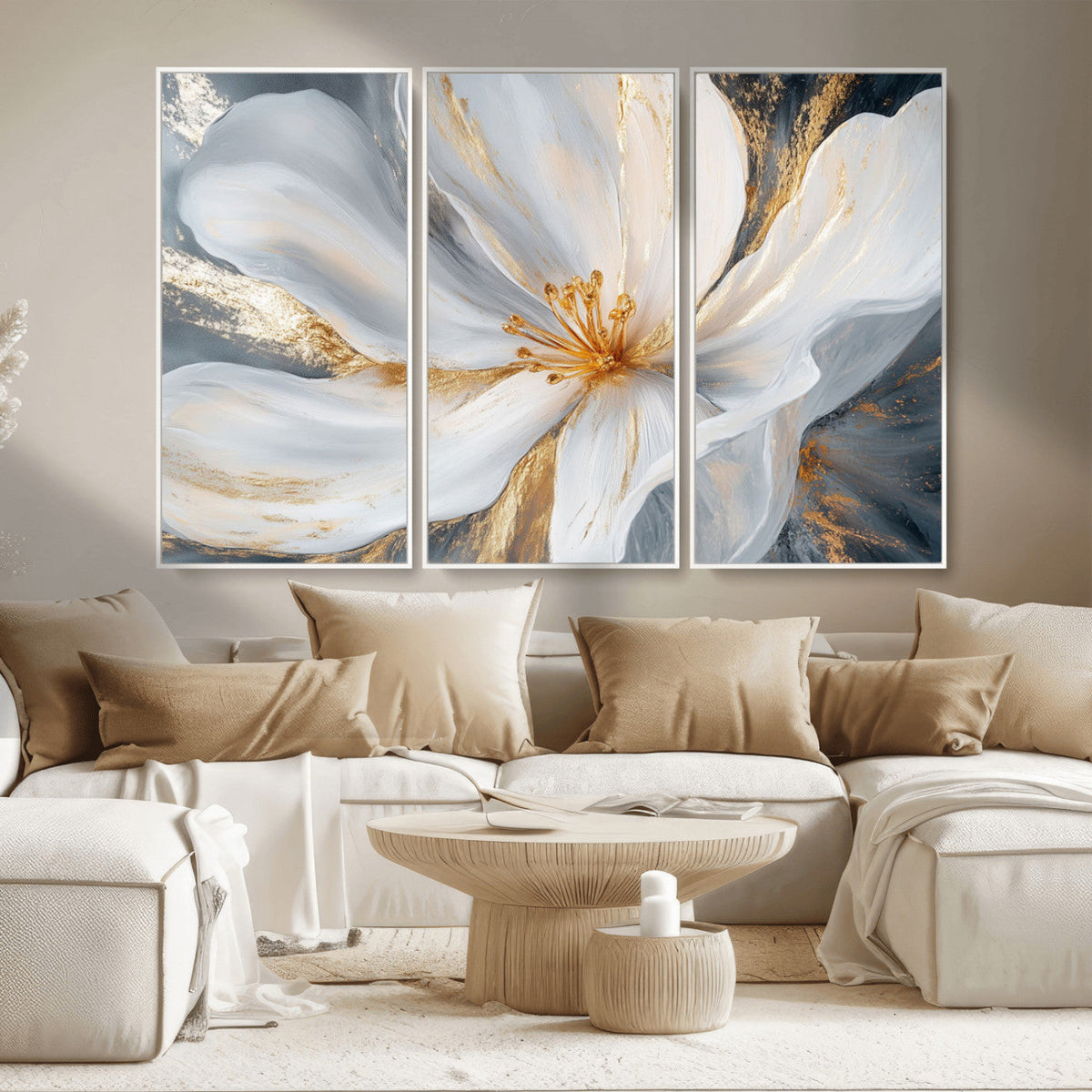 White and Gold Floral Canvas Wall Art - Framed and Ready to