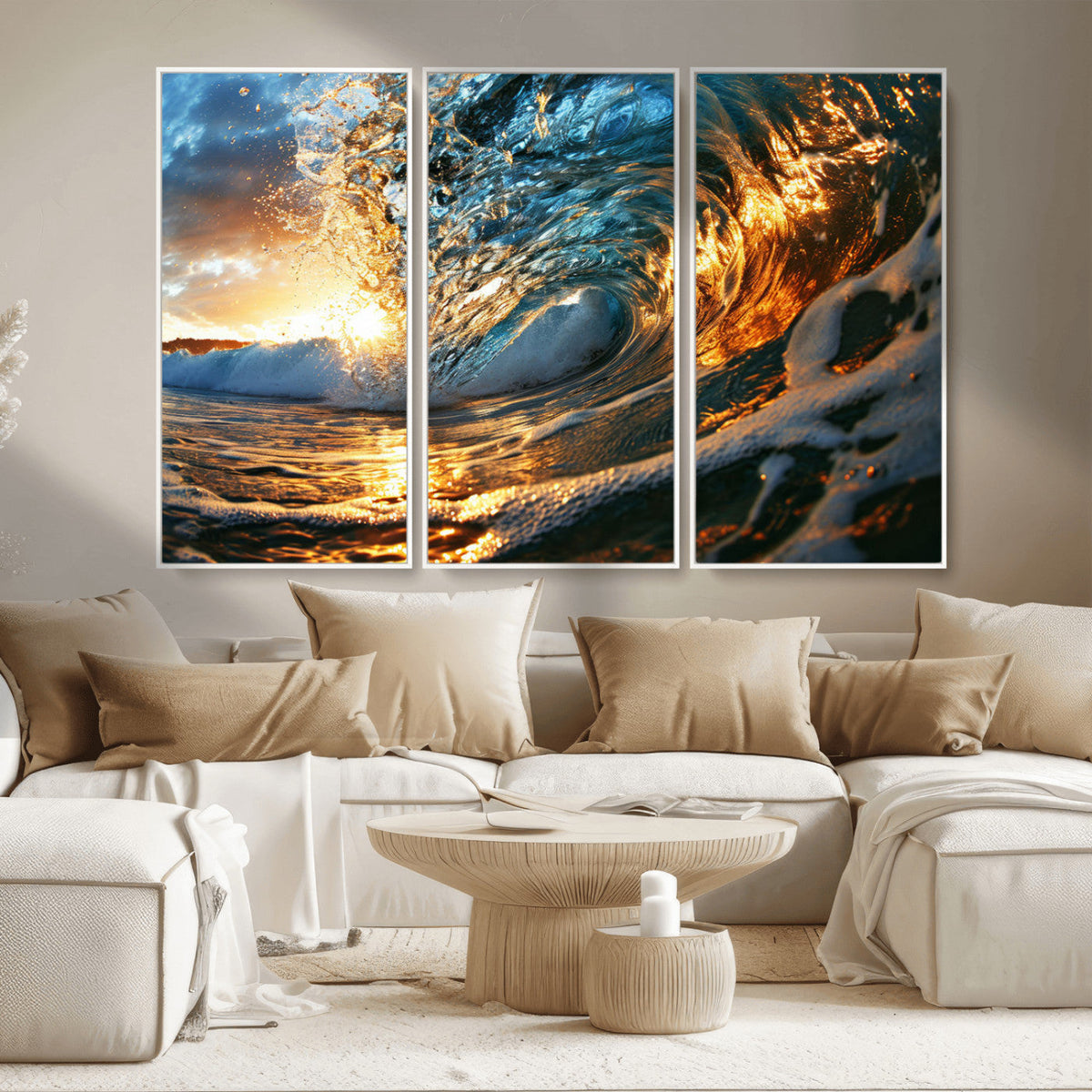 Ocean Wave at Sunset Canvas Wall Art – Vibrant Coastal Beach
