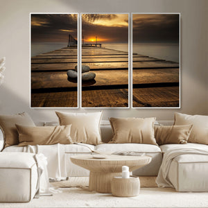 Stones on Wooden Pier at Sunset Canvas Print, Serene Coastal