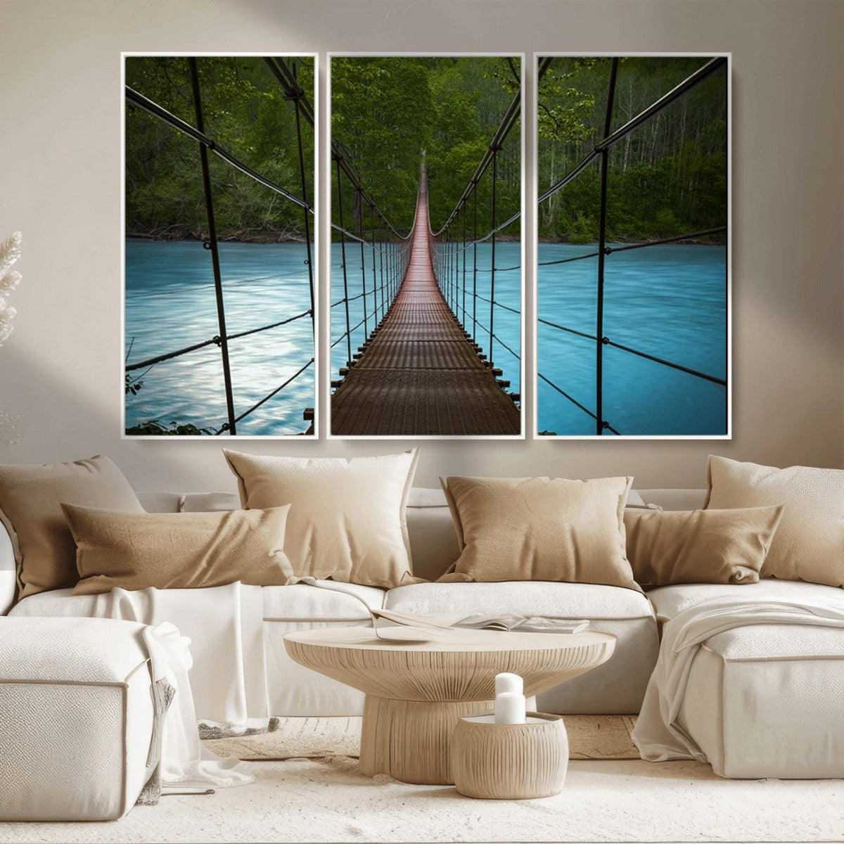 Suspension Bridge Over River Canvas Art | 3-Panel Nature