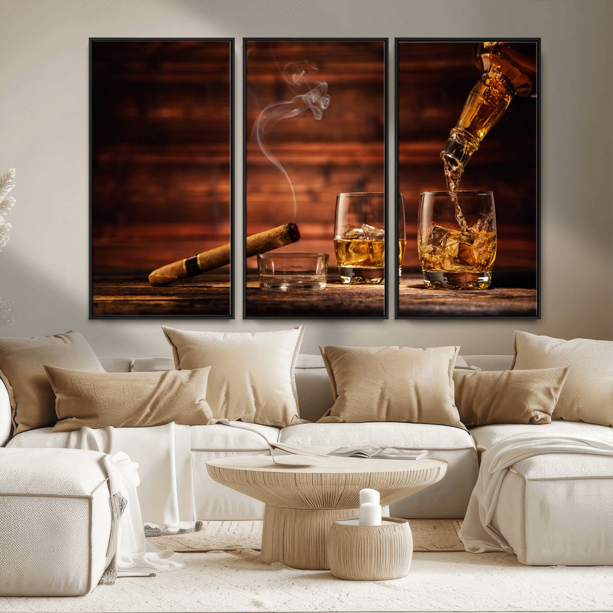 Whiskey and Cigar Wall Art Canvas | 3 Panel Bar Room Decor