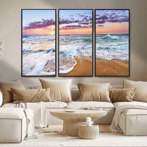 Coastal Sunset Art Beach Canvas Wall Art Print | Ocean Waves