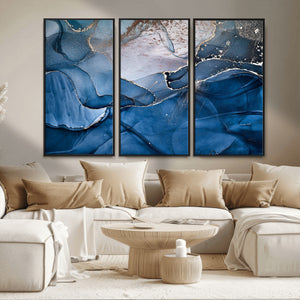 Navy Blue Canvas Art Abstract Print – Elegant Triptych