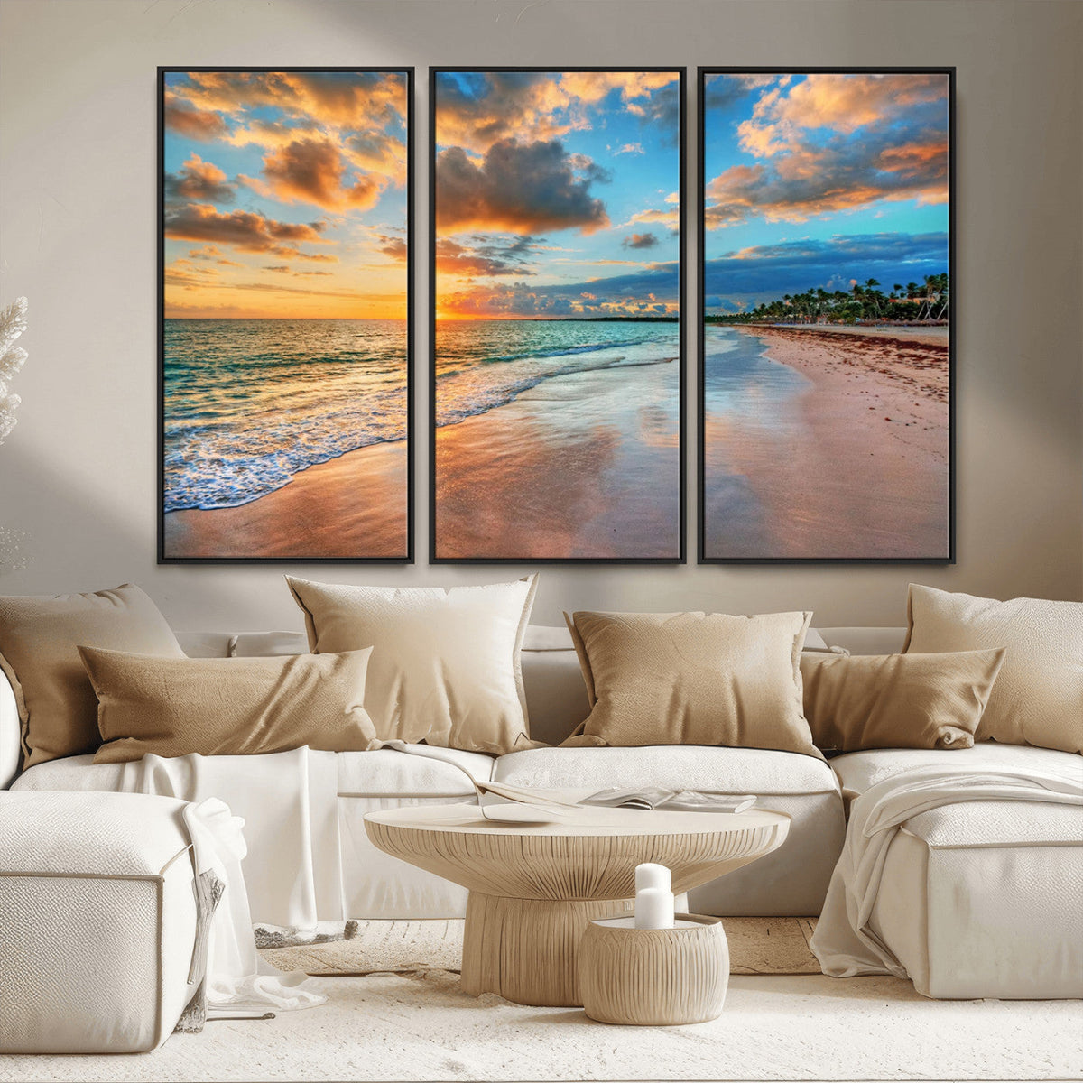 Sunset Ocean Waves on Tropical Beach, 3-Panel Giclee Canvas