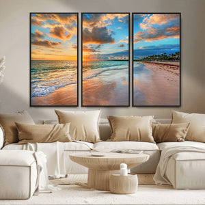 Sunset Ocean Waves on Tropical Beach, 3-Panel Giclee Canvas
