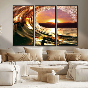 Golden Wave Sunset Triptych Canvas Art, Giclee Canvas Print