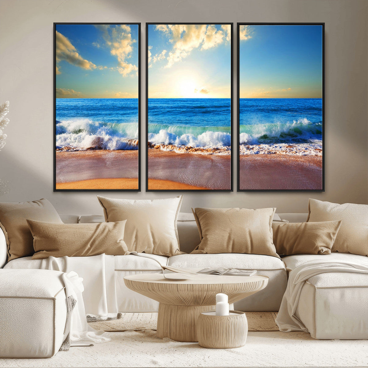 Tropical Beach Sunset Canvas Art, Ocean Waves and Sandy