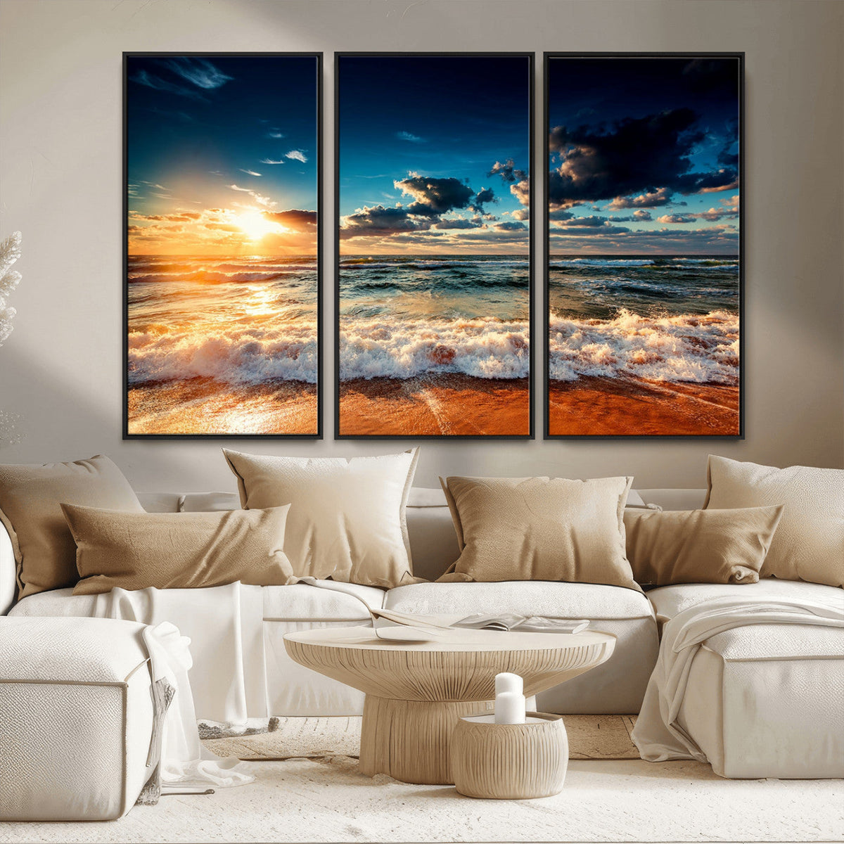 Golden Hour Sunset Over Ocean Waves Wall Art Canvas Print |
