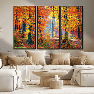 Autumn Red Forest Triptych Canvas Wall Art Print, Forest