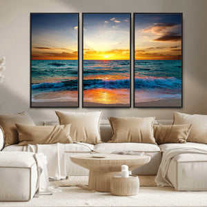 Vibrant Ocean Sunrise Over Golden Beach Waves, Giclee Canvas