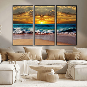 Ocean Sunrise Over Golden Beach Waves, Giclee Canvas Wall