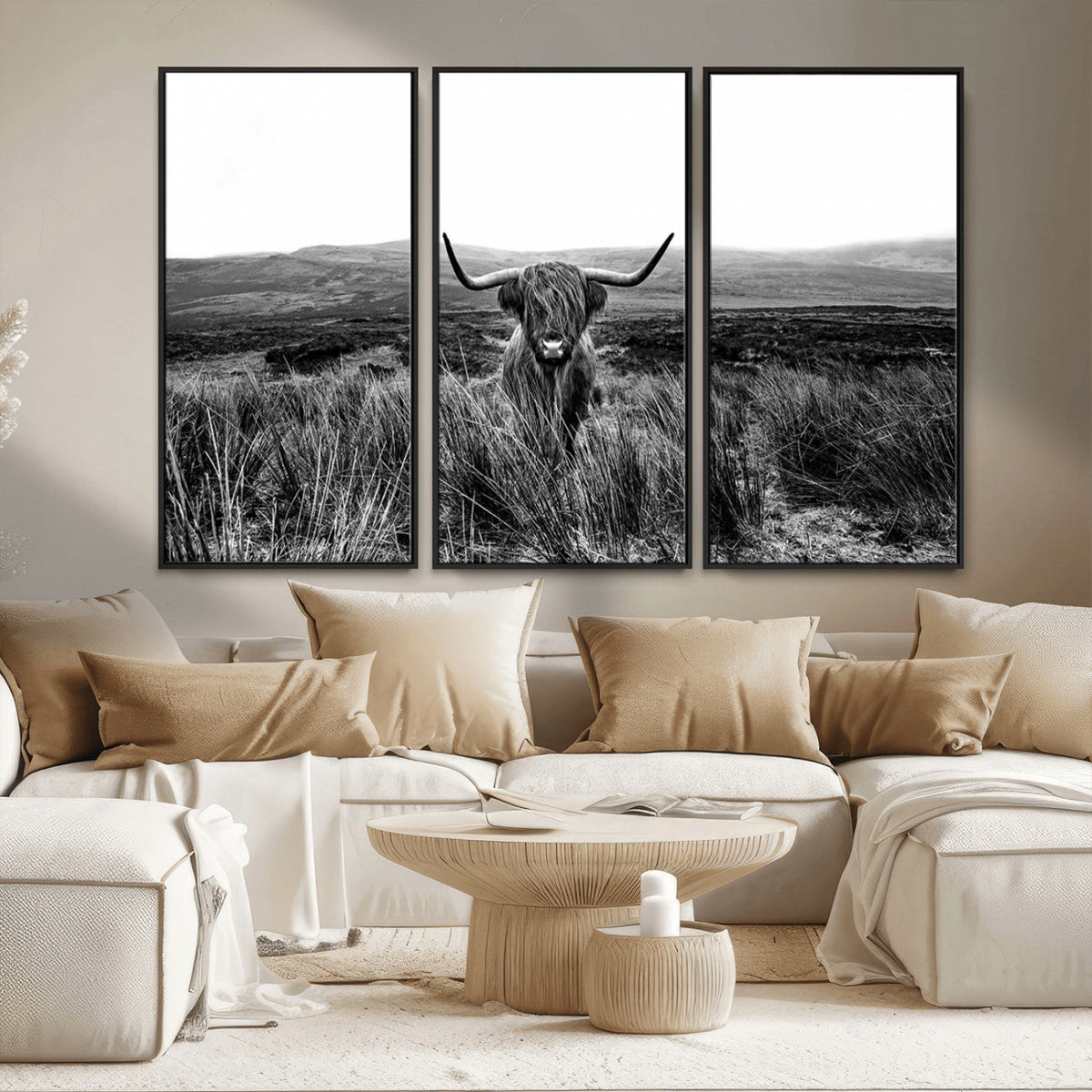 Black and White Highland Cow Canvas Wall Art, Longhorn