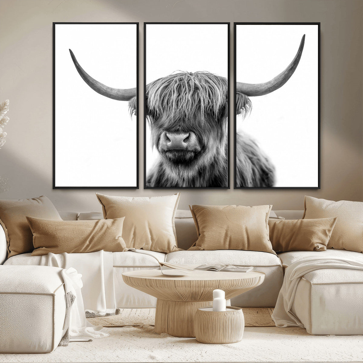 Grayscale Scottish Highland Cow Cattle Art Print Farmhouse