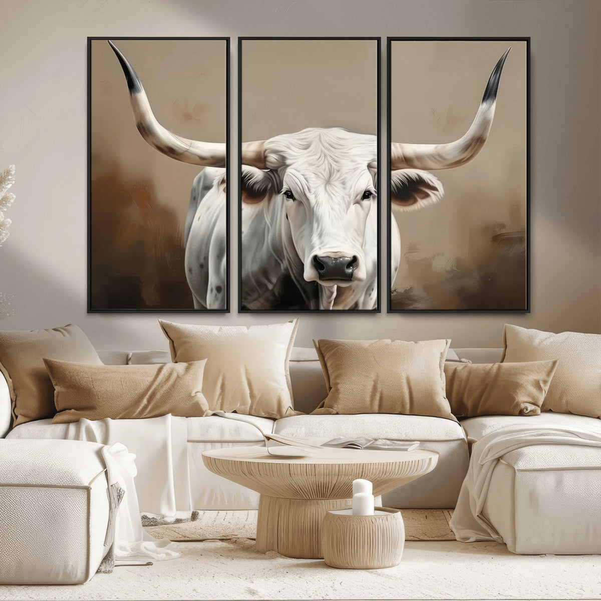 White Longhorn Bull Wall Art Canvas Print – Framed and Ready