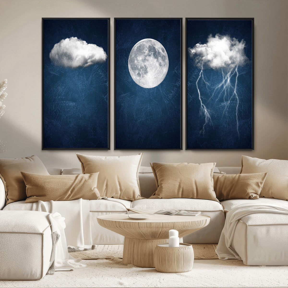 Dark Blue Cloud Art, 3 Piece Indigo Blue Wall Art, Aesthetic