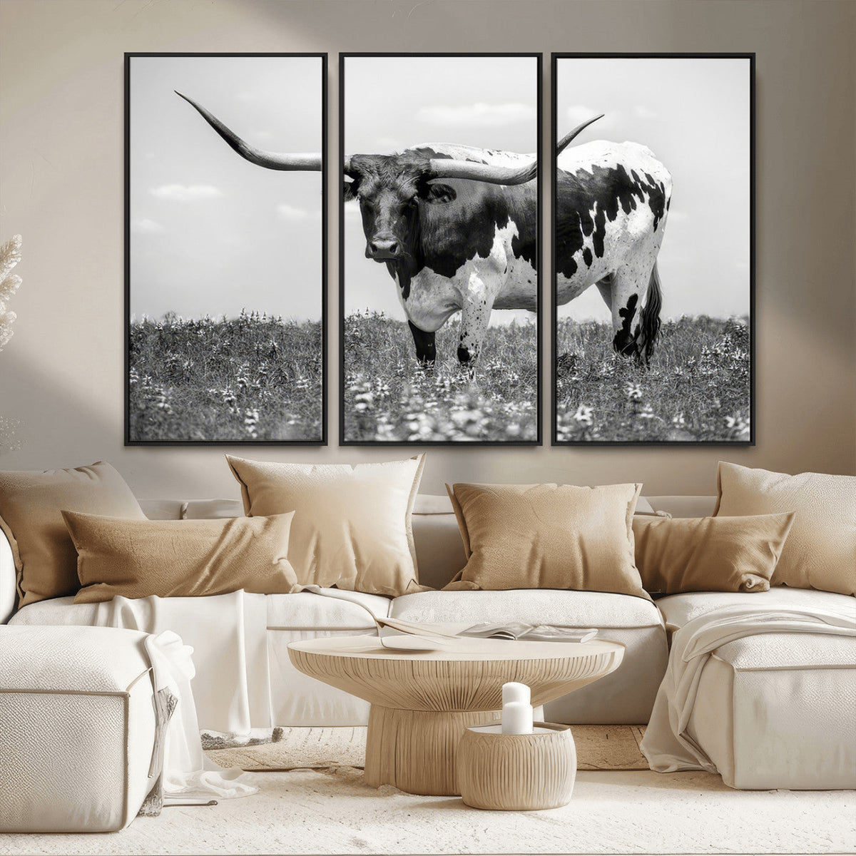 Texas Black White Highland Longhorn Cow Wall Art Canvas