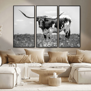 Texas Black White Highland Longhorn Cow Wall Art Canvas