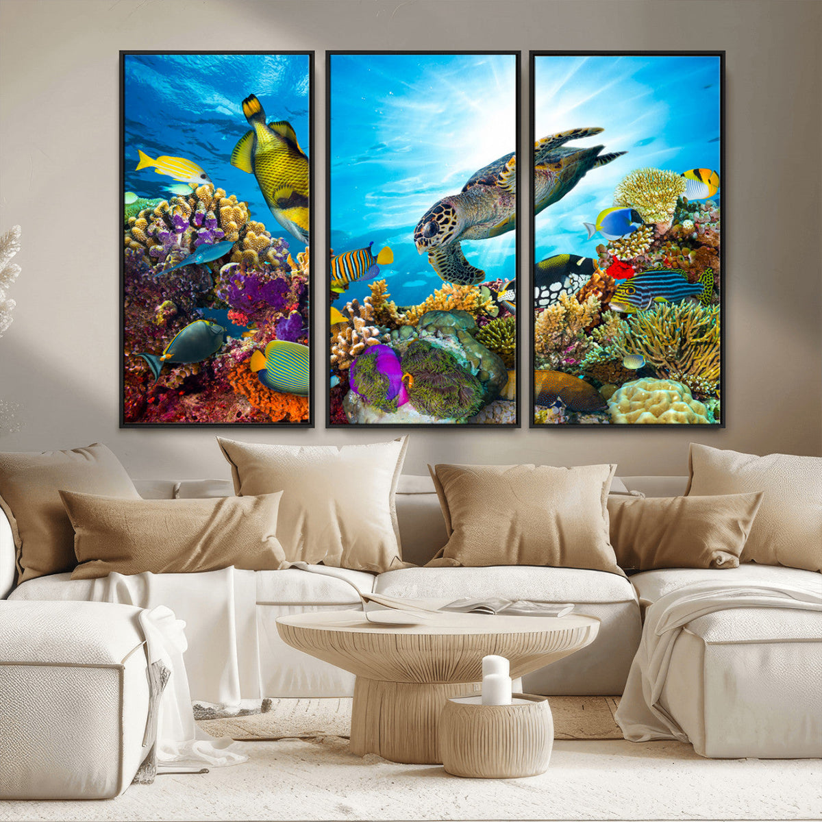Colorful Coral Reef and Sea Life Turtle Canvas Print,